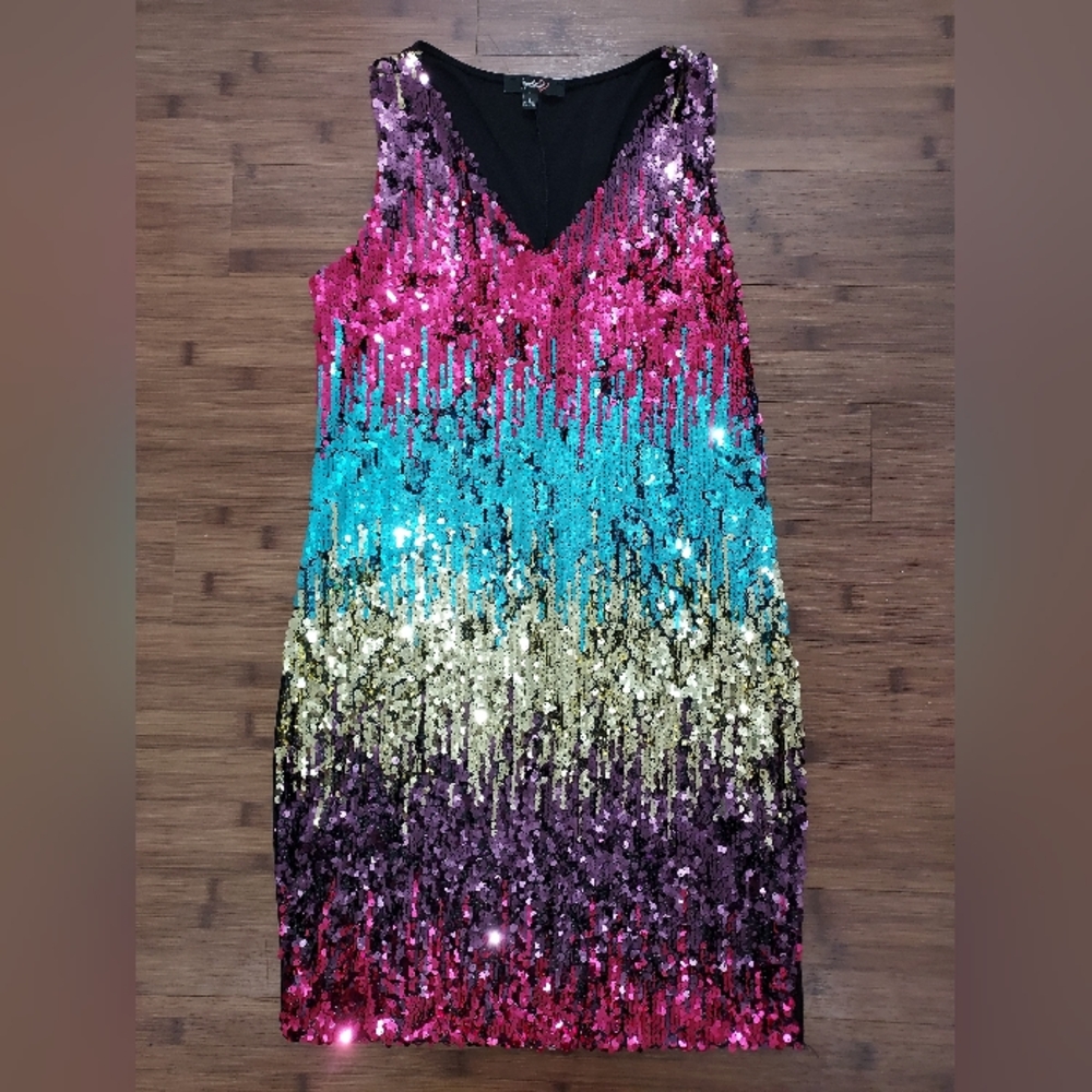 Multicolor sequin sleeveless V neck dress